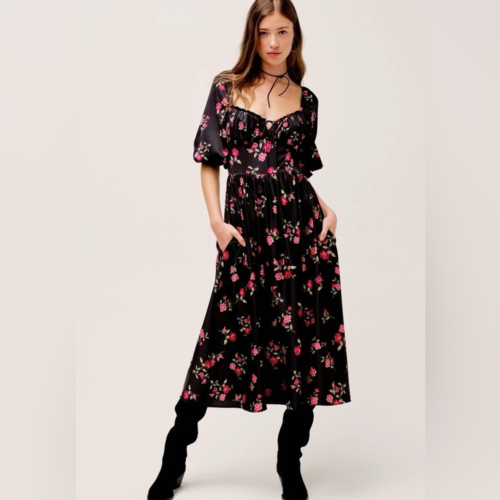 NWT For Love & Lemons Black Floral Midi Dress